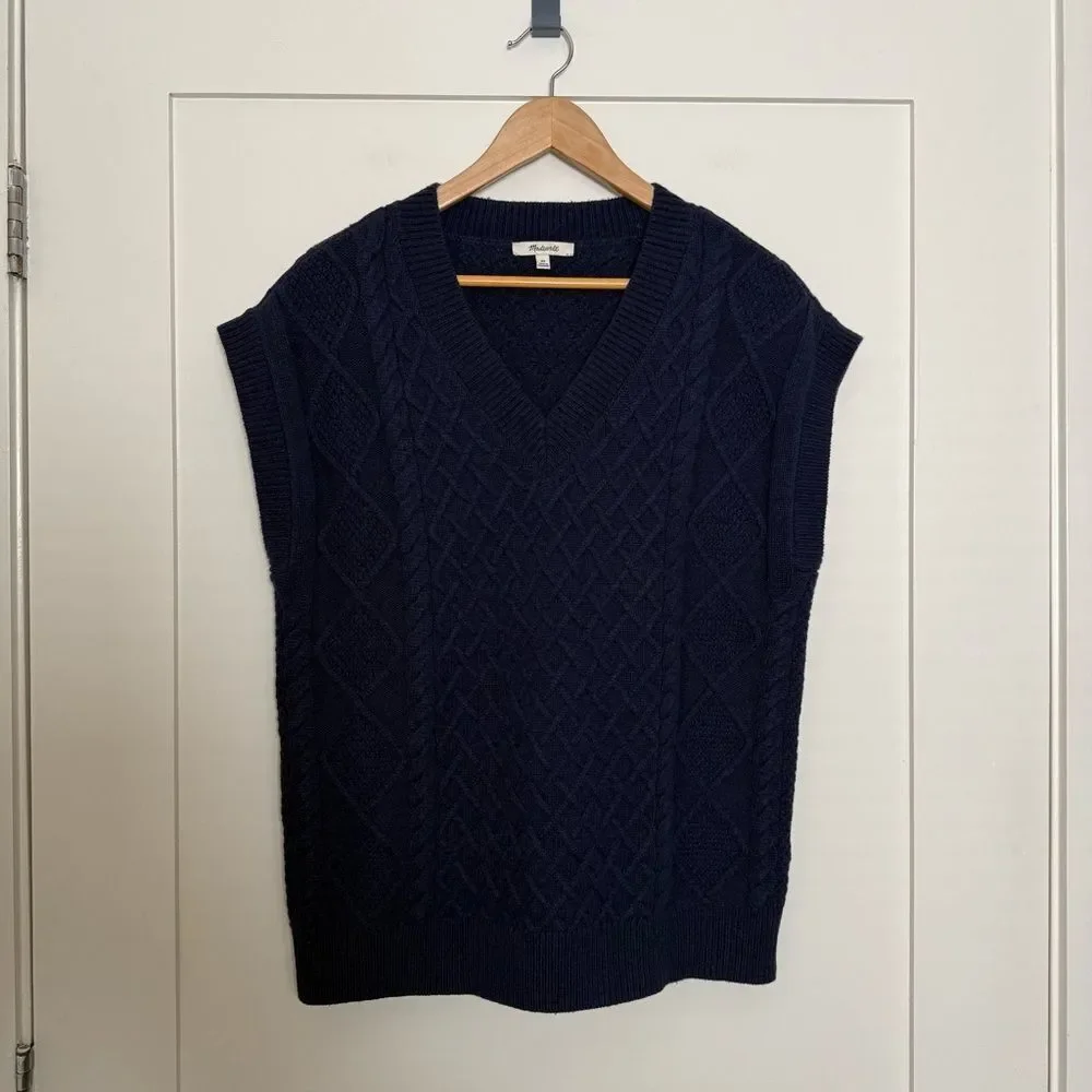 Madewell Sweater Vest Women Sz XS Navy Cable Knit V Neck Short Sleeve Wool Blend